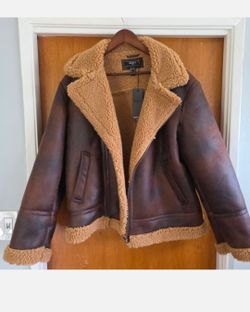 Men'  Brown Faux leather Suede Vegan Sherpa Jacket XL Aviator Pilot