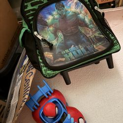 Superhero’s Spiderman Car And Hulk Toddler Backpack Small Suitcase With Handle And Wheels 
