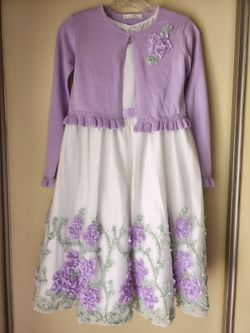Girls Lavender Floral Dress with Cardigan Set