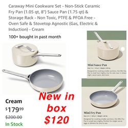 New Caraway Mini Cookware Set - Non-Stick Ceramic Fry Pan (1.05 qt, 8") Sauce Pan (1.75 qt) & Storage Rack - Non Toxic, PTFE & PFOA Free - $120