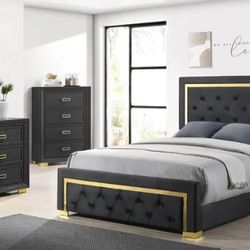 Pepe Black/Gold Panel Upholstered Bedroom Set