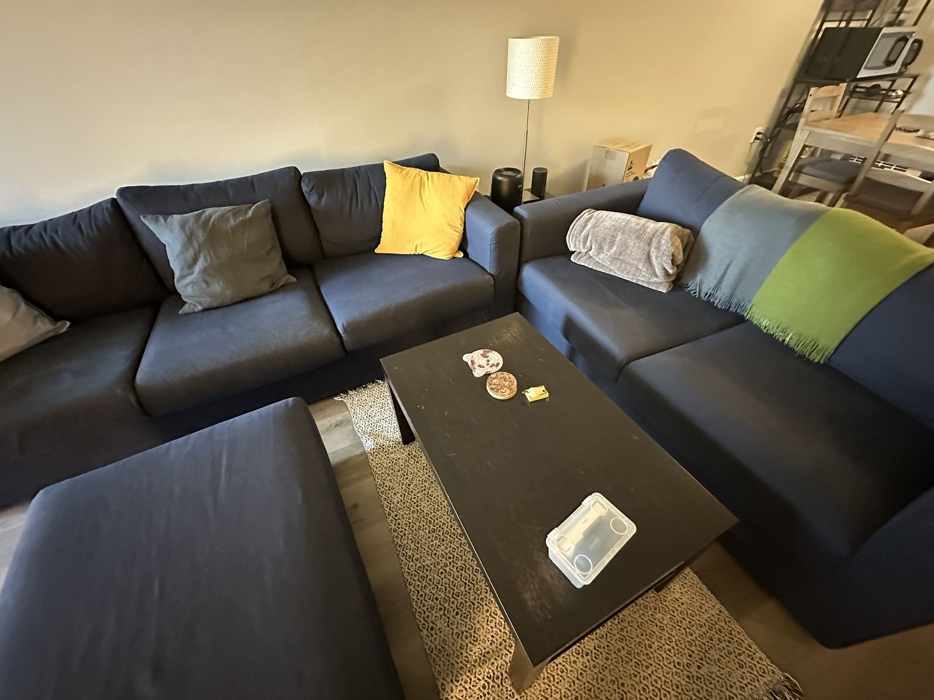 Couch, loveseat, ottoman, cushions, coffee table