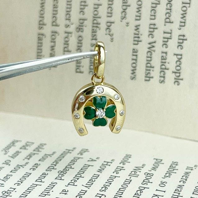 Dangle Horseshoe Charm Bead with Four-Leaf Clover & Diamond, Lucky Design, Fits Pandora Bracelets