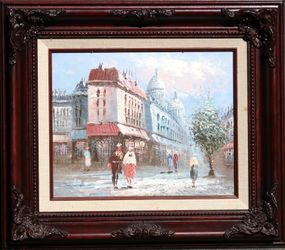 Parisian street vintage framed oil painting original artwork
