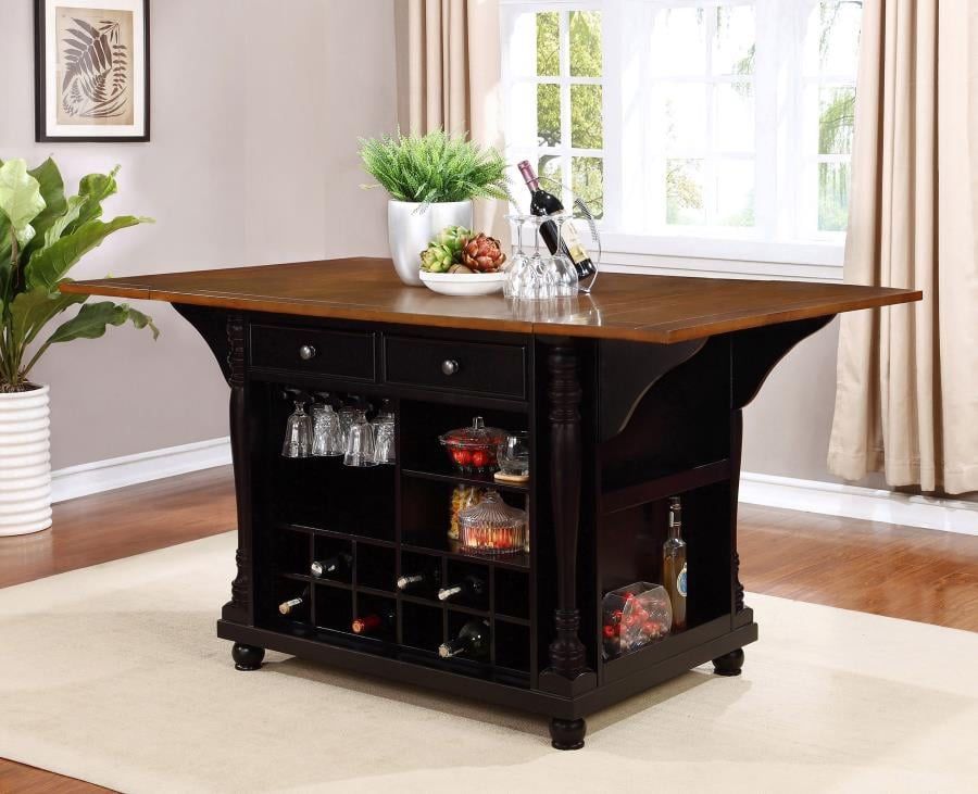Farmhouse 2-drawer Drop Leaf Kitchen Island Table Black Counter Height Dining Storage
