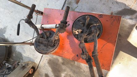 62. Baja front spindle drums, spindles, trailing arms, brakes all intact.