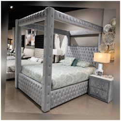 gray queen size canopy bed frame | mattress sold separately