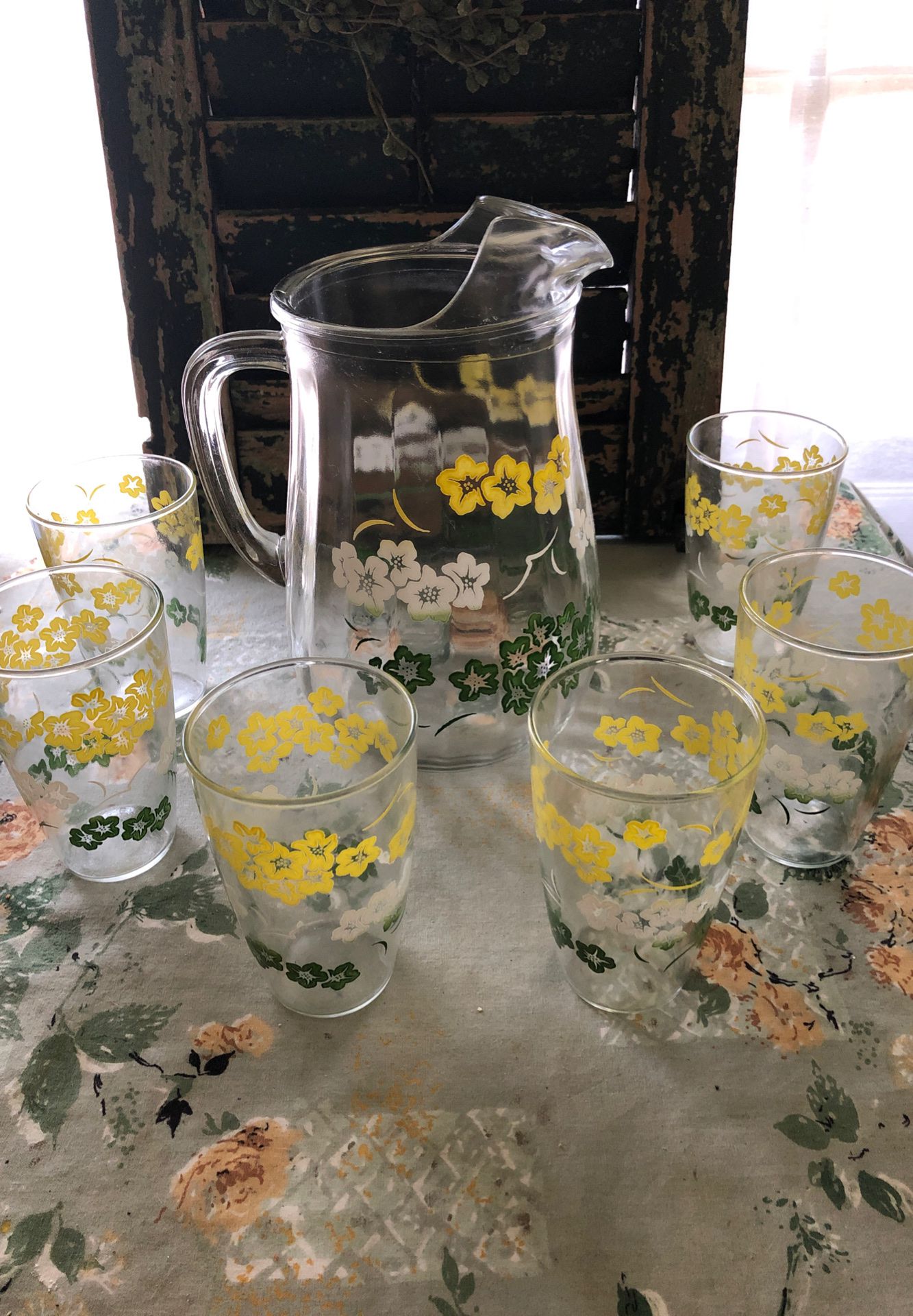 Vintage glass pitcher ,with 6 glasses,& wood tray