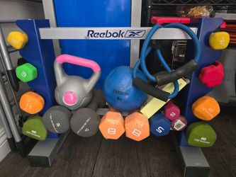 Reebok Dumbbell Rack & Complete Light Weights Exercise Set (10lb, 8lb, 5lb, 3lb, 2lb, Kettlebell & Accessories)