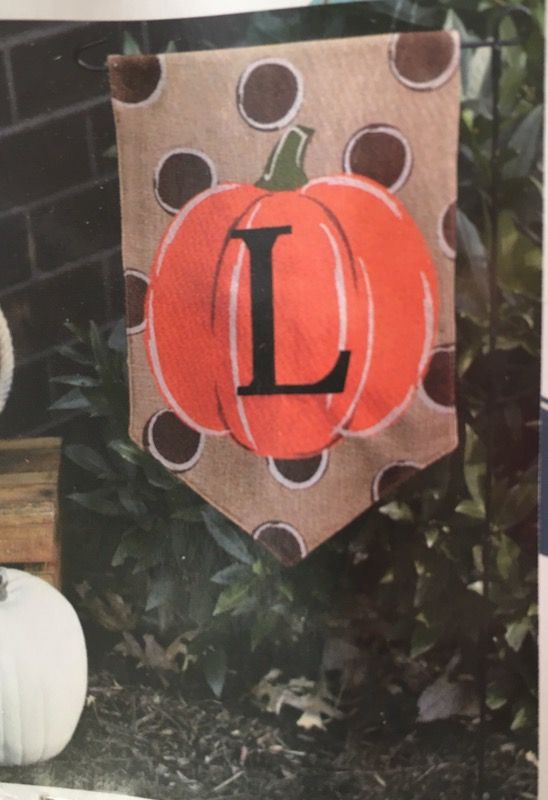 Brand new 'L' pumpkin fall lawn flag with stand