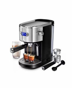 2-Cup Silver Stainless Steel All in 20-Bar Semi-Automatic Espresso Machine with Led Display and Steam Milk Foam