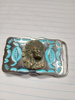 Silver And Turquoise Native American Belt Buckle 
