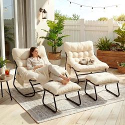 2pcs Papasan Rocking Chair with Ottoman, Oversized Papasan Chair with Padded Cushion, Indoor & Outdoor Rocker Chair for Living Room, Patio, Garden