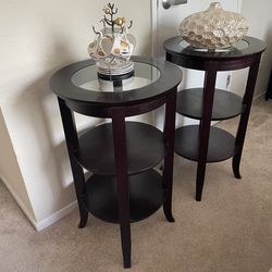 Wayfair Set / Pair of Two end tables nightstands Round Glass Top / side accent table dark cherry wooden Nightstand wood shelving With Two Shelves 