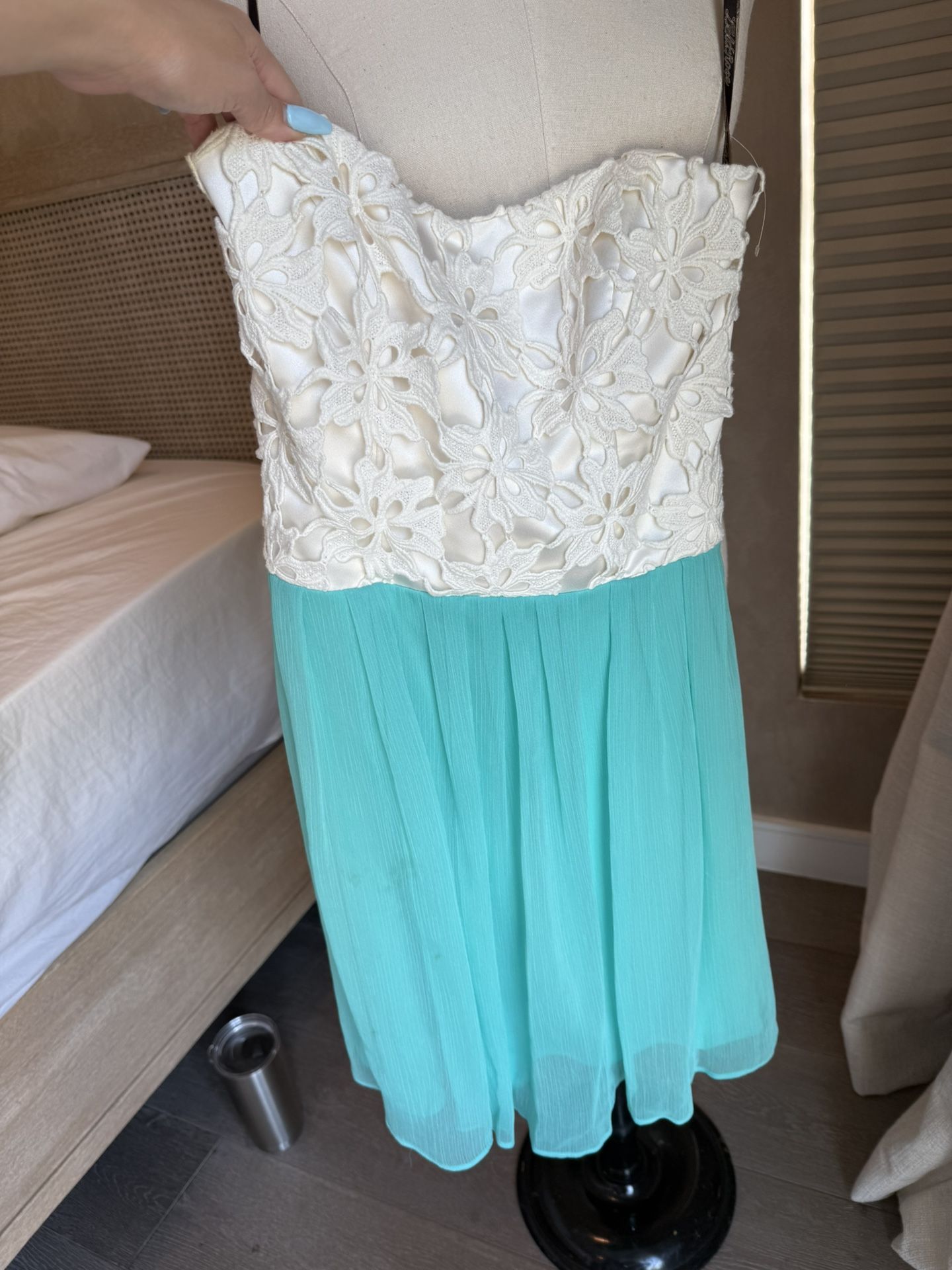 Lela Rose White and Turquoise Lace bridesmaids dress 