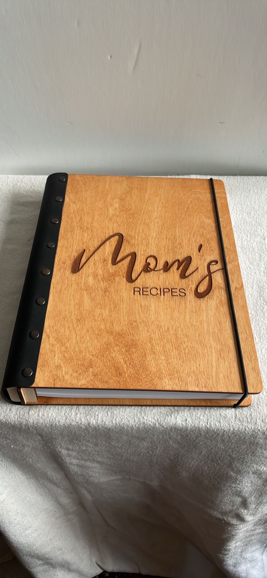 Moms Recipes Book Hard wood cover leather binder with 200 blank pages and elastic strap. Pick up!