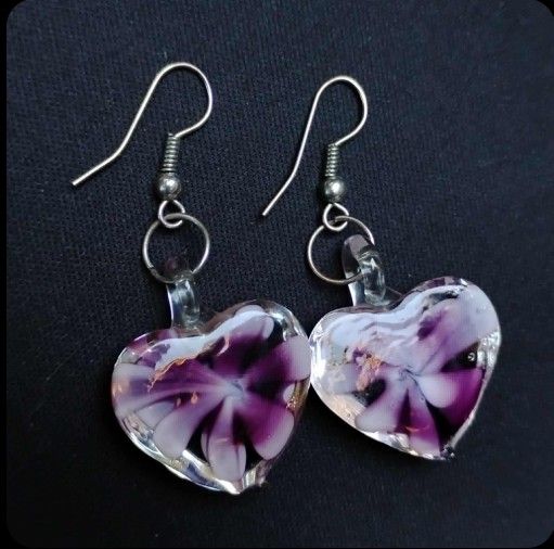 Murano Glass Bubble Floral Heart Dangle Drop Earrings Blown Glass Art