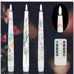 Spring Flameless Taper Candles with Flowers, 9.6" Real Wax LED Candles with Remote, 3 Pack Flickering Candlesticks Battery Operated, Fake Candle for H