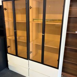 2pcs/Modern Lighted Glass Display Cabinet with Two Drawers, Dining China Hutch with 3 Tiers Storage Shelves, Wooden Curio Display Showcase for Living 