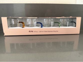 Studio TU 4-Pack Glass Espresso Mug Set – 4.4 oz Clear Coffee Cups with Colored Handles