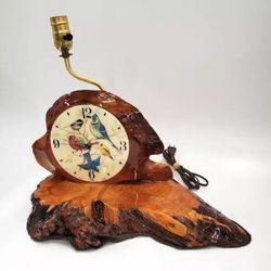 Vtg Acurite Wood Log Bird Table Lamp Clock USA