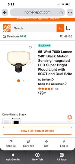 Defiant 7000-Lumen 240° Motion Sensor LED Flood Light – 5CCT DualBrite – Black – NEW