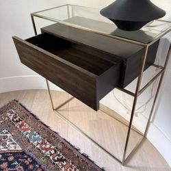Modern Glass & Brass Console Table with Wood Drawer – Excellent Condition