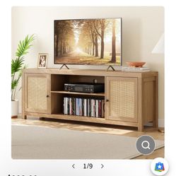 Garvee Rattan TV Stand for 65 Inch, Boho Entertainment Center with Storage and Doors, Wood