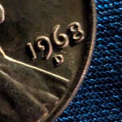 1968 D Penny Strikethrough Reverse Double Die Obverse