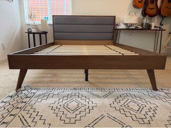 Queen walnut / grey upholstered mid-century modern bed frame in great condition