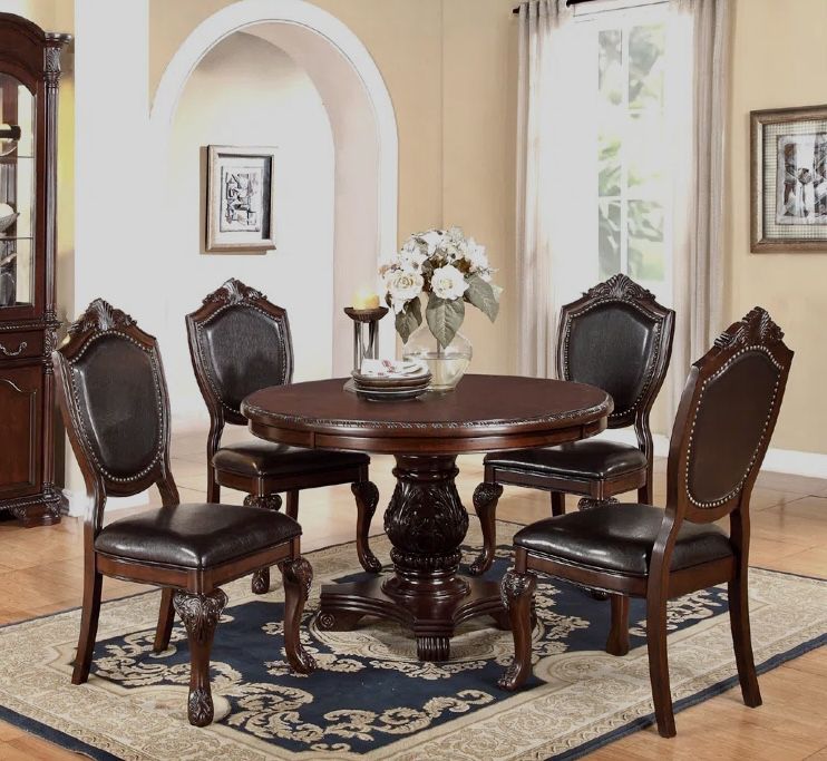 New Formal 5PC Rich Cherry Finish Wood Dining Table Chairs Set