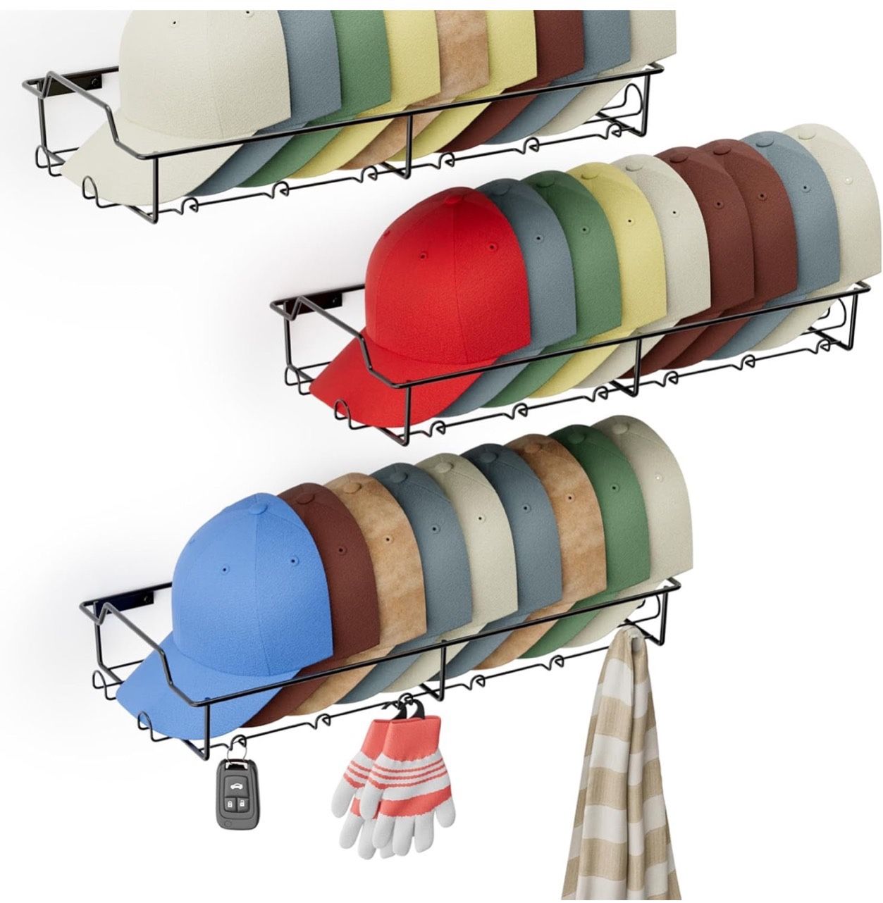 Wall Hat Racks for Baseball Caps, Each Metal Hat Organizer Fit 20 Caps, 3 Packs Sturdy Wall Mounted Hat Rack for Room Closet Display, Black