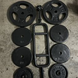 Heavy Duty Tricep Bar Plus 100lbs Of Standard 1 Inch Hole Weights Home Gym Complete Set Exercise 