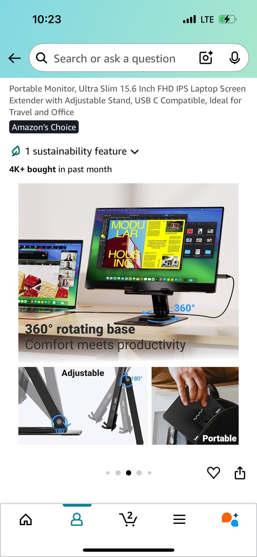 INGNOK Portable Monitor Ultra Slim 15.6 Inch FHD IPS Laptop Screen Extender Adjustable Stand USB