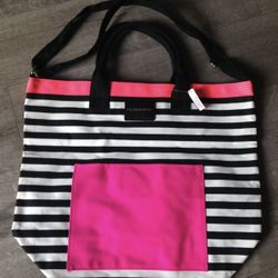 Victoria's Secret Large Hot Pink Pocket, Black & White Striped Large Tote Beach, Overnight Bag 