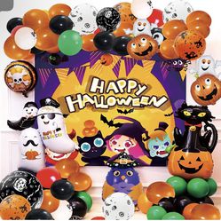 Halloween Themed Photography Backdrop, Halloween Party Decorations with halloween backdrop, latex balloons 