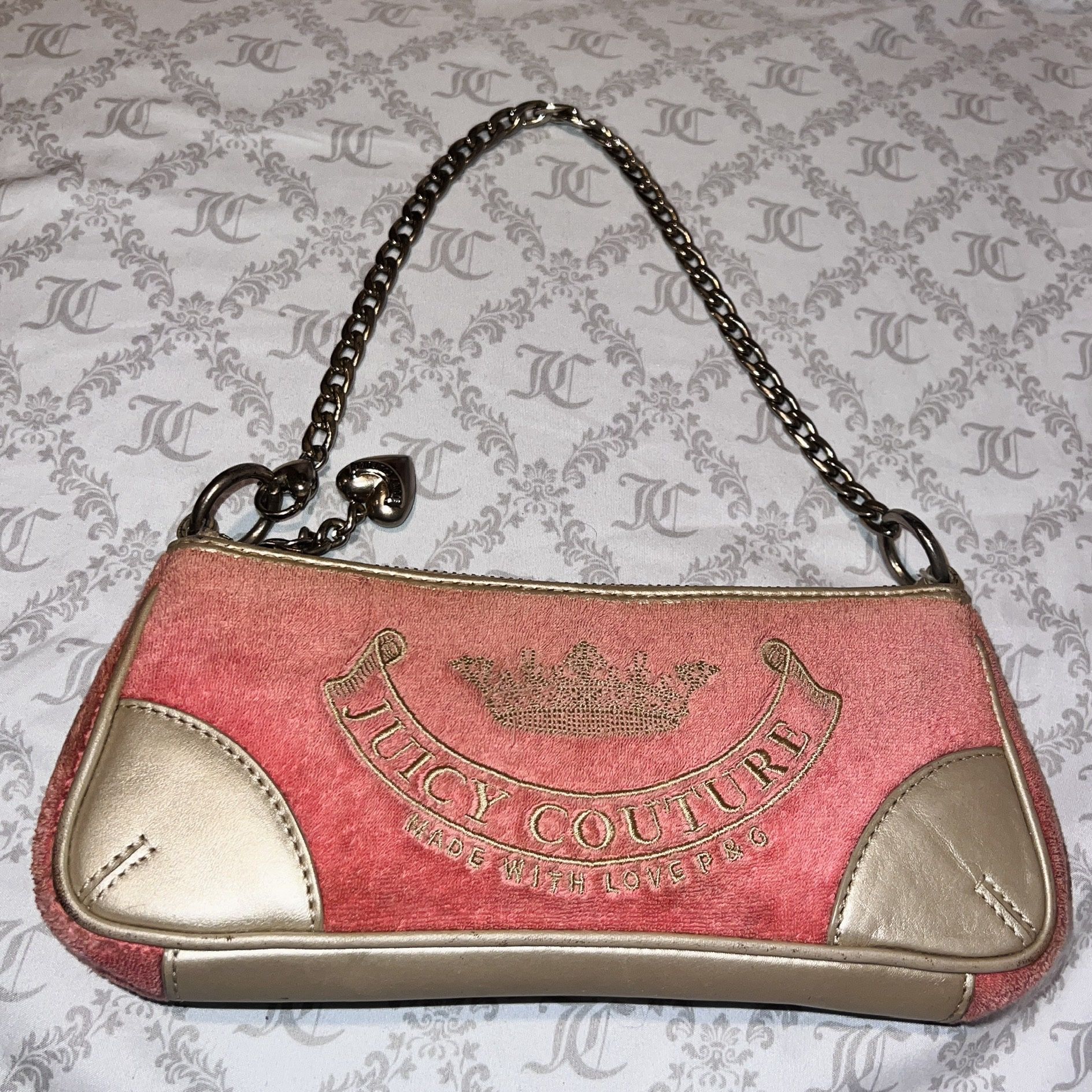Vintage Gold Salmon Pink Juicy Couture Purse Bag Clutch Handbag Y2K Terry Cloth