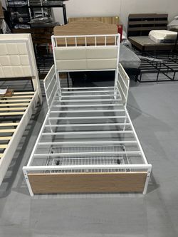 New Twin Bed Frame with Guardrail & Bedside Caddy, Multifunctional Headboard with Charging Station, Durable Metal Platform Bed, Noise-Free, No Box Spr