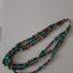 Sterling Silver Turquoise, Red Coral Authentic Navajo Necklace 