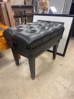 Vintage Adjustable Piano Bench Black Tufted Leather