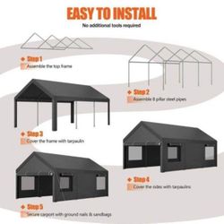 New 12x20ft Carport, Reinforced Steel Poles with Removable Sidewalls and Doors, Roll-Up Windows 