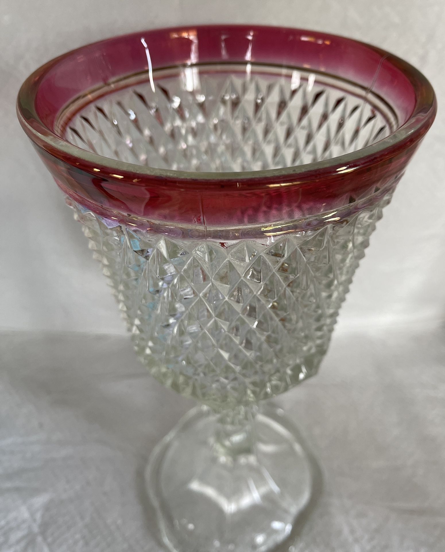Vintage Indiana Glass Diamond Point Ruby Band Footed Vase Candy Dish 10-1/2"