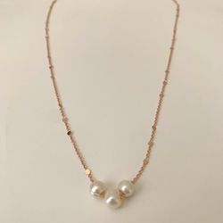 New Handmade Rose Gold Tone Chain Necklace With Three Big Hold Real Pearls, 18”