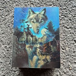 Antique Wooden Box Wolf Design