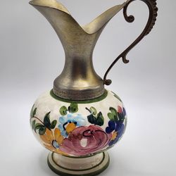 MALFY Hand Painted Ceramic & Metal Floral Round Pitcher with Handles