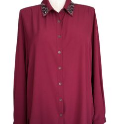 Susan Graver Artisan Women's Red Beaded Collar Button Long Sleeve Blouse Size XL