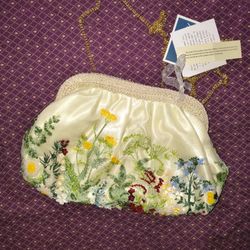 NWT Flowery/Bohemian  Beaded Satin Knitted Yellowed Chain Clutch/Purse $50 