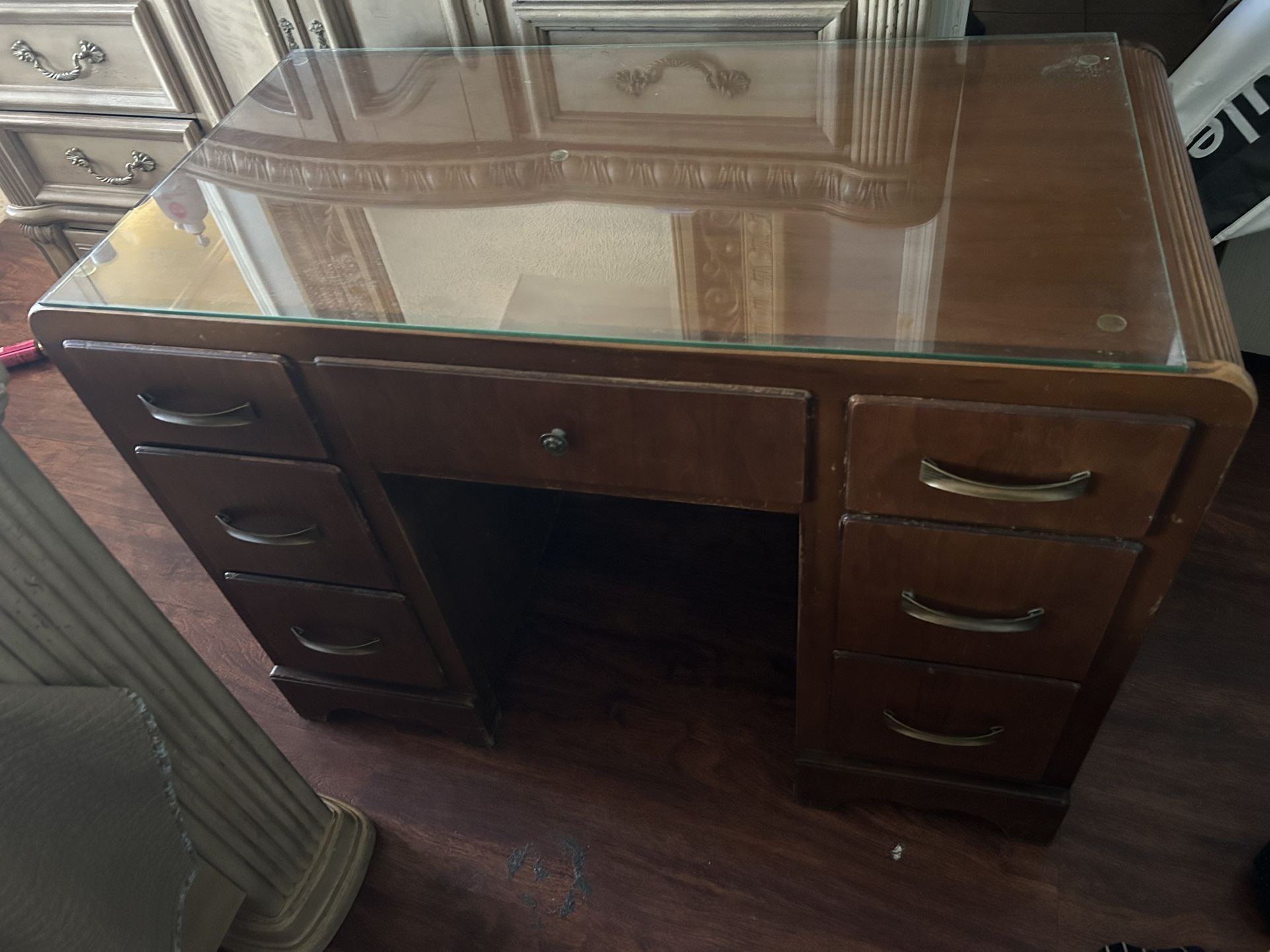 Vintage Solid Wood Desk with Glass Top – 7 Drawers