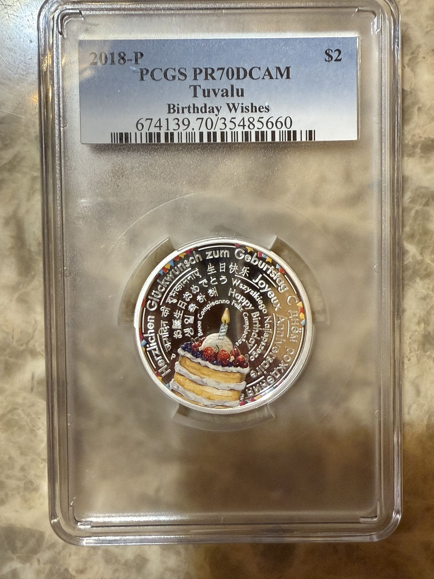 2018-P PCGS PR70DCAM TUVALU 2oz BIRTHDAY WISHES SILVER COIN