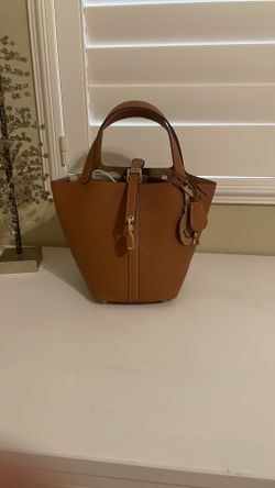 Top Handle Leather Bucket Bag Brown